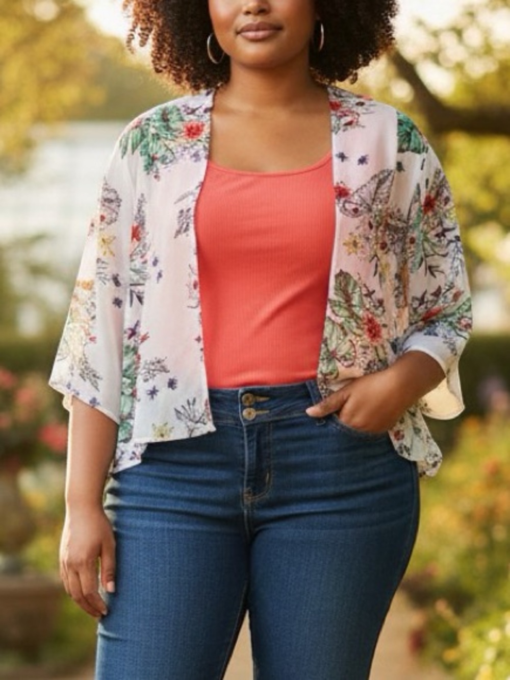 Torrid Chiffon Kimono Tropical Arrangement White Red Floral Lightweight Cover Up